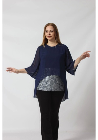 Moda Berray 4048 Şifon -simli Dantel Kombinli Büyük Beden Bluz Lacivert Lacivert