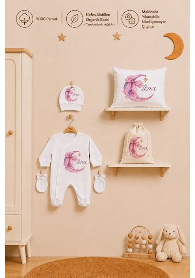 Pia Baby Kız Bebek Hediyesi İsme Özel Yenidoğan Tulum Seti %100 Pamuk Yastık Kılıfı Şapka Eldiven Ham Bez Kıyafet Kesesi 1068ytk0x Krem