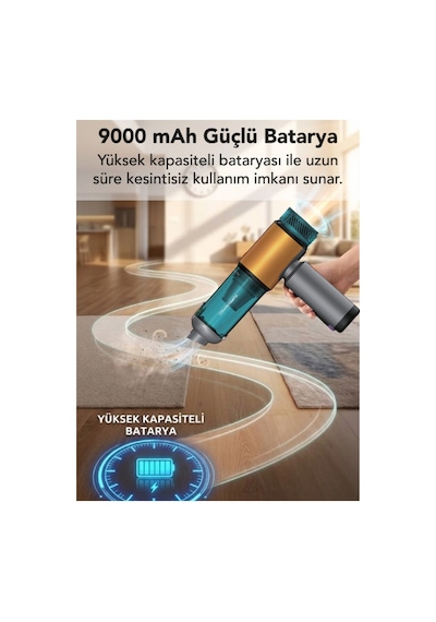 Araç İçi Süpürge Kablosuz Işıklı Göstergeli 22.000 Pa 9başlık Yedek Filtre Çantalı Çekim&üfleme 2in1