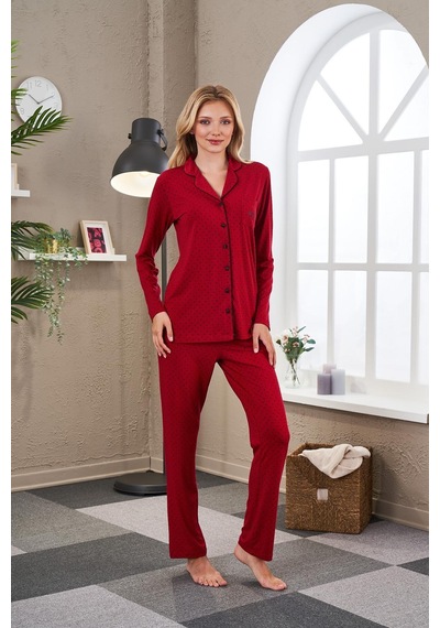 Pjs 23523 Kadın Puanlı Düğmeli Pijama Takım Bordo