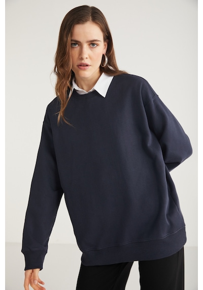 Ethıquet Karıus Kadın Regular Fit %100 Organik Pamuklu İçi Polarsız Yuvarlak Yaka Lacivert Sweatshir