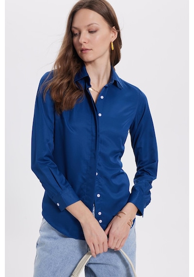 Tudors Kadın Slim Fit Dar Kesim Vucüda Oturan Uzun Kollu Gizli Düğme Detaylı Lacivert Basic Gömlek-36981 Lacıvert