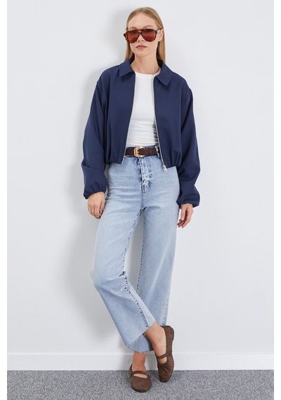 Fullamoda Fermuarlı Polo Yaka Bomber Ceket Lacivert