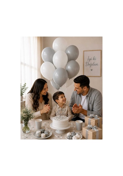Beyaz & Gri Balon Seti 10'lu 5 Beyaz 5 Gri Doğum Günü Latex Parti Balonu Çok Renkli