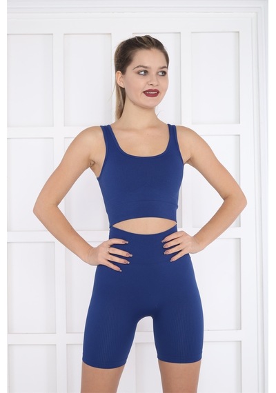 Escetic Kadın Spor Saks Mavisi Toparlayıcı, Yüksek Bel Fitnes Bra Şort-tayt Takım-4315 - Xs
