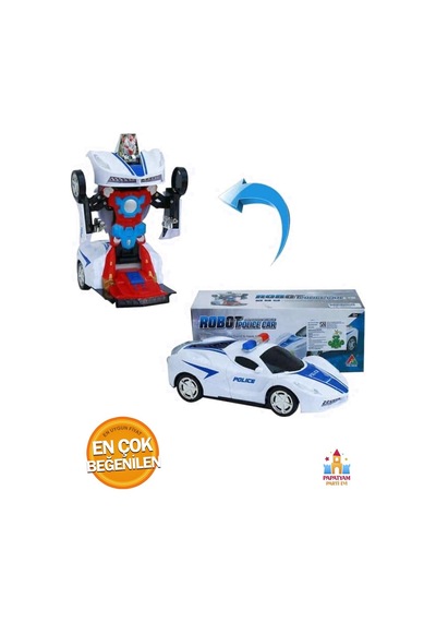 Oyuncak Pilli Hareket Eden Robota Dönüşen Işıklı Sesli Polis Robot Arabası Otomatik Robota Dönüşen Beyaz Mavi