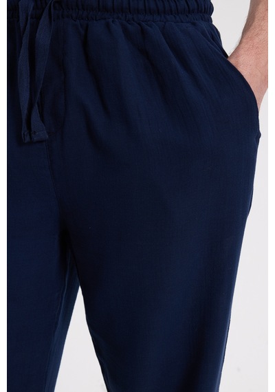 Tudors Erkek Baggy Fit Geniş Kesim %100 Pamuk Beli Lastikli Yandan Cepli Müslin Lacivert Düz Pantolon-46261