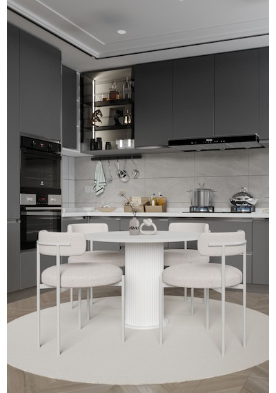 Avvio Tian Ptt Lake Mdf Ayak 4'lü Teddy Sandalye 90x90 Masa Sandalye Takımı Sandalye Bukle Kumaş Beyaz