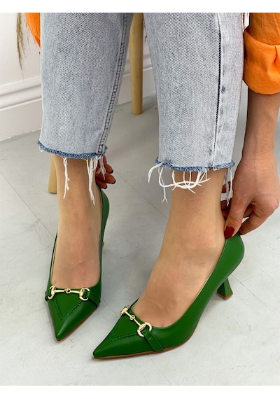 Ervanın Butiği Yeşil Cilt (MossCross) Toka Detay Kadın Stiletto Yeşil