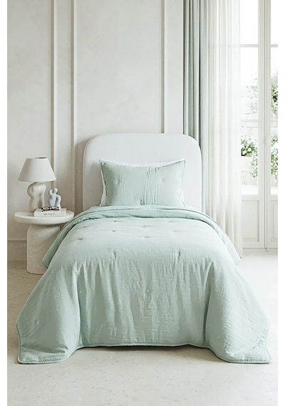 Ocean Home Textile Nakışlı Mint Tek Kişilik Yatak Örtüsü Seti 1 Adet 180 X 230 / 1 Adet 50 X 70 Cm
