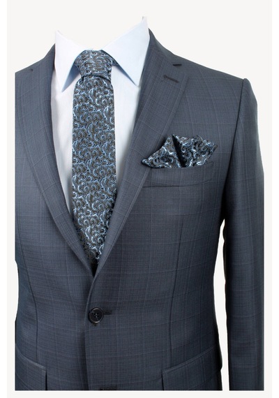 Erkek Lacivert Kareli Slim Fit Ekose Takım Elbise