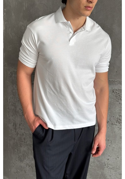 Erkek %100 Pamuk Düğmeli Polo Yaka T-shirt Beyaz