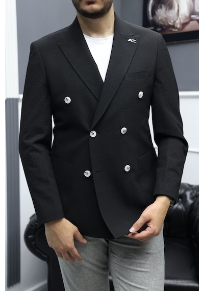 Avni Ceylan Verde Dokulu Gofre Kumaş İtalyan Stil Slim Fit Kruvaze Erkek Ceket Siyah