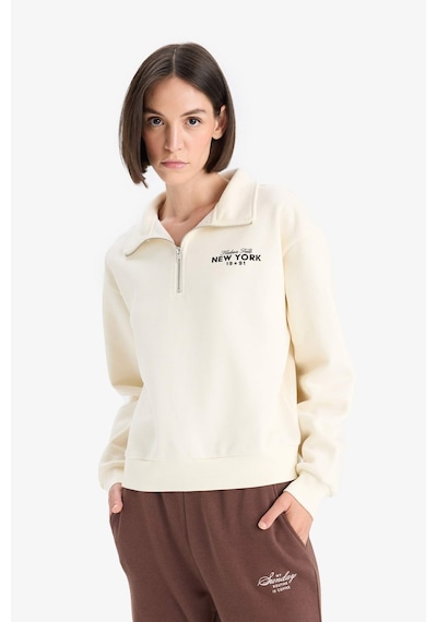 Defacto Regular Fit Yarım Fermuarlı Baskılı Kalın Sweatshirt F1066AX25AU Bej