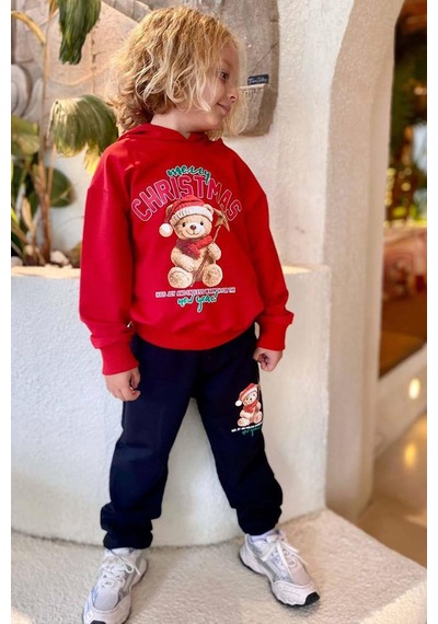 Riccotarz Kız Erkek Çocuk Üzerinde Ayıcık Ve Merry Christmas Yazı Baskılı Kazak Kırmızı Eşofman Takım Kırmızı Riccotarz Kız Erkek Çocuk Üzerinde Ayıcık Ve Merry Christmas Yazı Baskılı Kazak Kırmızı Eşofman Takım Kırmızı