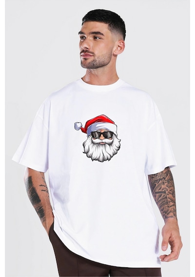 Barlashive Yılbaşı Gözlüklü Noel Baba Baskılı Kısa Kollu Oversize Bisiklet Yaka T-shirt - Beyaz Çok Renkli