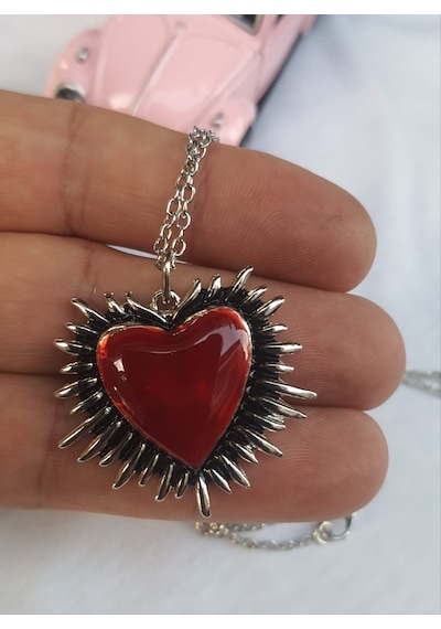 Kırmızı Mineli Thorn Heart Kolye Gümüş