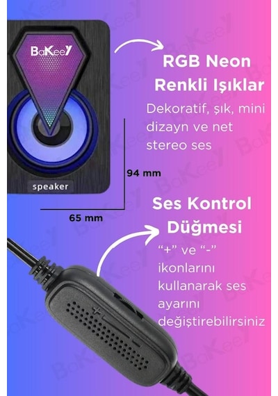 Bilgisayar Hoparlörü Rgb Led Işıklı Laptop Gaming Oyuncu Hoparlörü 1+1 Ses Sistemi Spreaker