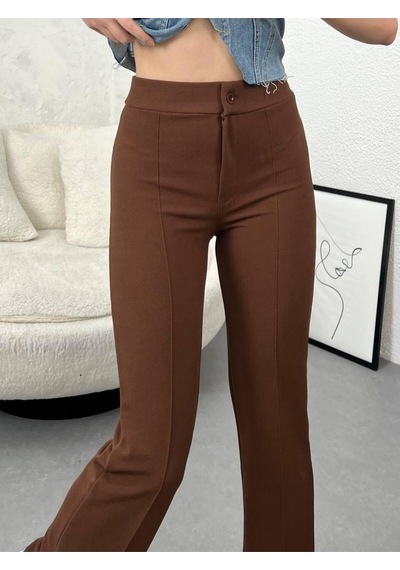 Kadın Yüksek Bel İspanyol Paça Krep Kumaş Pantolon Slim Fit Şık Pantolon Kahverengi