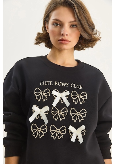 Shade Kadın Fiyonk Nakışlı Kurdele Aksesuarlı Üç İplik Şardonlu Sweatshirt 60601048 - Siyah