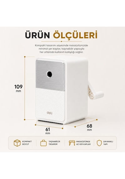 Deli 71160 Premium Auto Feed Çevirmeli Masaüstü Kalemtıraş Beyaz 5 Kademe Uç Ayarlı