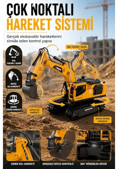 Buharlı Işıklı Sesli Metal Alaşım Excavator Uzaktan Kumandalı Rc İş Makinesi Sarı
