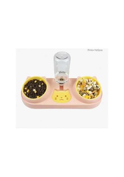 Pembe Kedi Köpek Mama Ve Su Kabı Seti Otomatik Su Hazneli Çift Mama Kabı 42x16,5 Cm