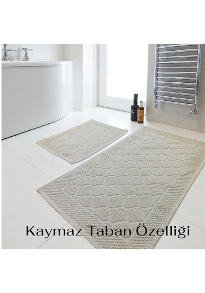 Banyo Pamuk Paspas Seti, Kaymaz Taban, Şık Ve Dayanıklı 60x100 / 60x50 Ölçülerinde Krem