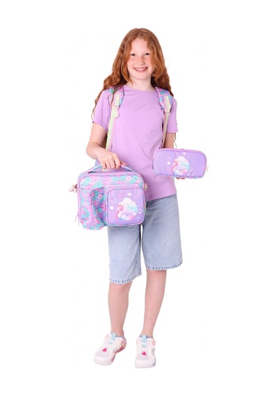 Kaukko Kids Kız Çocuklara Özel Pembe Yeşil - Denizkızı Nakışlı Ve Baskılı Üçlü Okul Çantası Seti Pembe - Yeşil