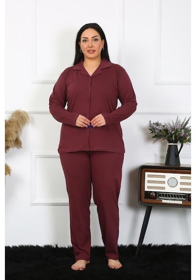 Akbeniz Kadın Büyük Beden Pamuklu Cepli Düğmeli Mürdüm Pijama Takım 202401-mürdüm Mürdüm