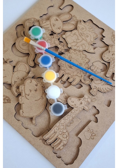 Çocuklar İçin Zeka Ve Beceri Geliştiren Safari Ahşap Boyama Puzzle Seti