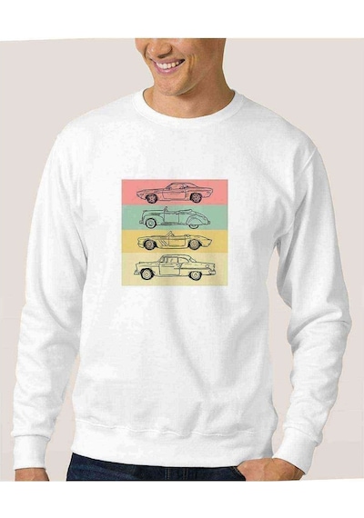 Eski Araba Nostalji Baskılı Beyaz Erkek Örme Sweatshirt