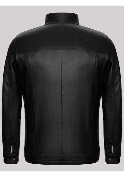Deriwork Hakiki Kuzu Derisi Siyah Erkek Deri Mont Düz Slim Fit Hakim Yaka Deri Ceket Siyah