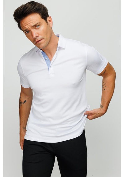 Erkek Polo Yaka Düğmeli Cepli T-shirt Beyaz Beyaz