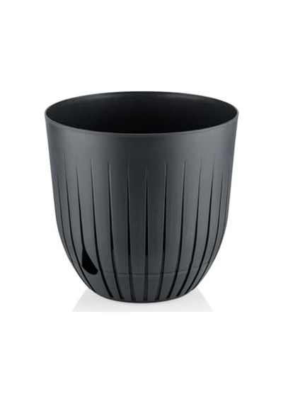 Çizgi Saksı Plastik Delikli Tabaklı Çiçek Saksısı 1 Adet, Antrasit, 1 Litre