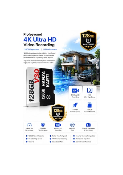 128 Gb Hafıza Kartı Faster Transfer Speed Class 10 4k Video Kayıt V30 Güvenlik Kamera Uyumlu