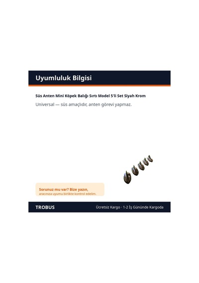 Trobus Süs Anten Mini Köpek Balığı Sırtı Model 5'li Set Siyah Krom