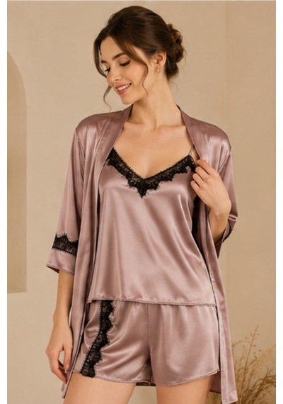 Loule Kadın Vizon Dantelli Sabahlıklı Şortlu Pijama Takımı 3 Parça
