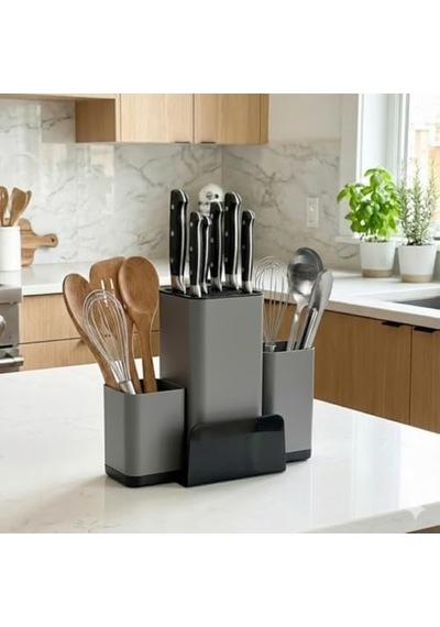 Antrasit Bıçak Organizeri Ve Mutfak Gereçleri Düzenleyici Çok Bölmeli, Kaymaz Tabanlı, Geniş Kapasiteli Bıçaklık Ahşap Ve Metal Kaşık, Çırpıcı, Spatula Saklama Standı -