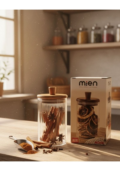 420 Ml Akasya Kapaklı Cam Baharatlık Saklama Kavanozu Mien Tekli Baharatlık Kahverengi - Şeffaf