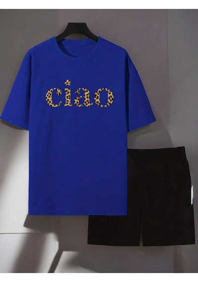 Uyguntarz Unisex Ciao Baskılı Tasarım Şort Takım Mavi