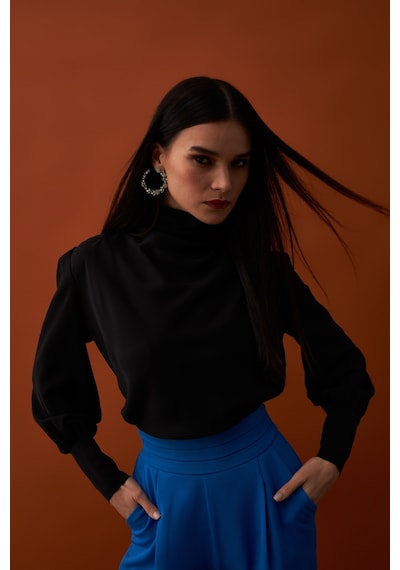 Sateen Drape Detaylı Bluz - Siyah