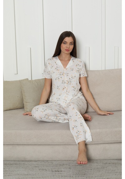 SUDE HOMEWEAR Kadın Örgü Kumaş Blue Flower Pattern Kısa Kol Pijama Takımı Sarı