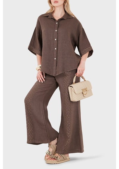 Via Dante % 100 Keten Relaxed Fit Brode İşlemeli Pantolon Bayan Pantolon 69912211 Kahve
