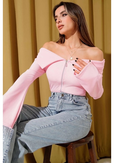 By Mop Omzu Açık Fermuarlı Bluz Pembe T4330 Pembe
