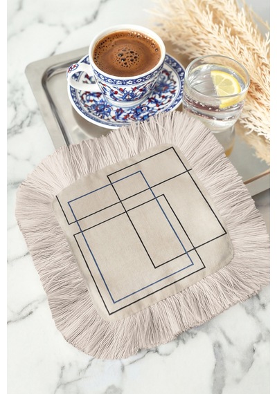 Geometrik Modern Saçaklı Sunum Peçetesi - Minimal Çizgiler Modern Bej Mavi Kahve Yanı Sunum Mendili Çok Renkli