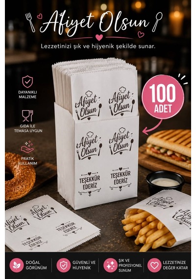 100 Adet Baskılı Servis Kesesi 15x20x8 Cm - Tost Poğaça Simit Sandviç Sunum Kağıdı - Fast Food Paket Servis Kılıfı
