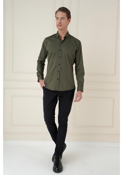 Efor Slim Fit Düğmeli Yaka Esnek Klasik Haki Gömlek Gk 746 Haki