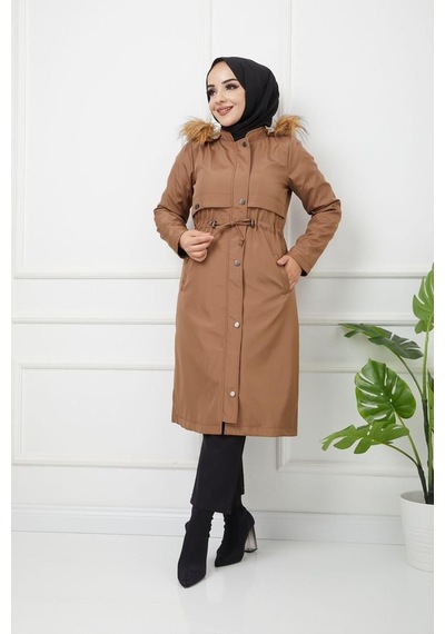 Kombinal Taba Kadın İçi Kürklü Su ve Rüzgar Geçirmez Tesettür Kaban-Taba