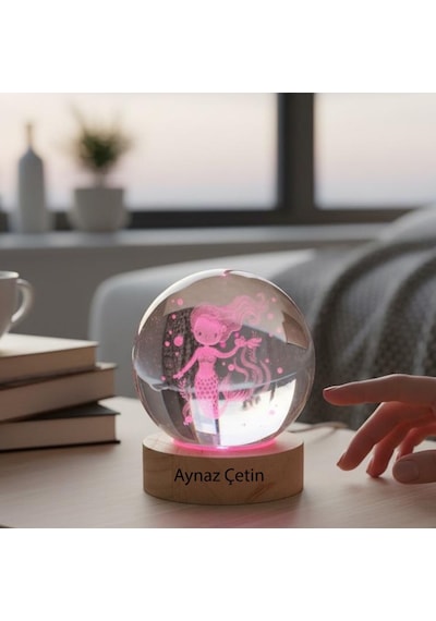 Kişiye Özel Büyük Boy Işıklı Ahşap Kaideli Deniz Kızı Temalı Cam Küre 8cm 91955971